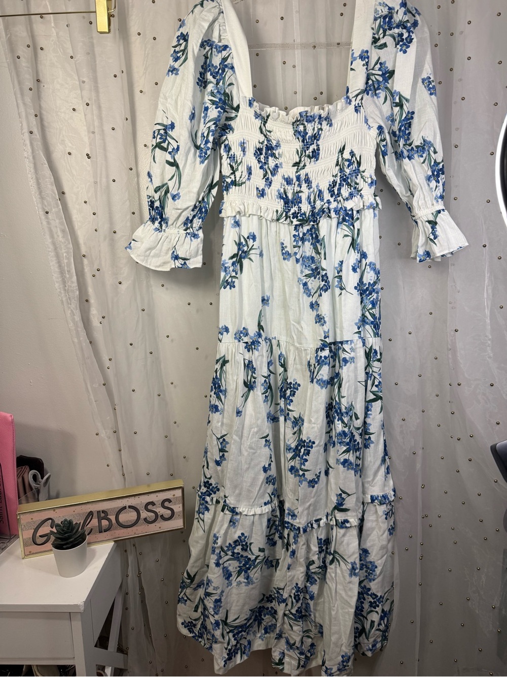 Especia NWOT Blue Floral Maxi Dress with Smocked Bodice - Picture 3 of 7